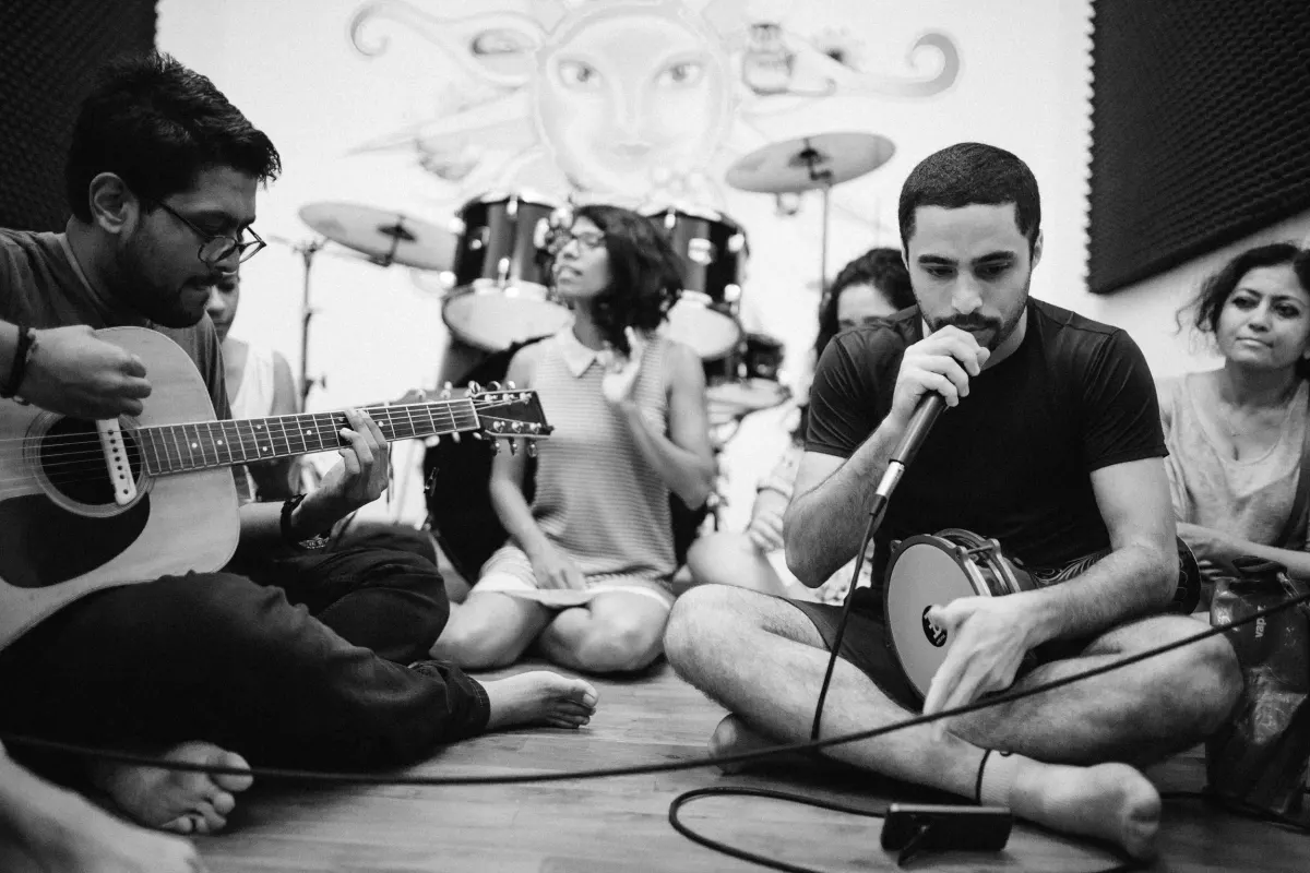 Musicians recording Clouds of Colombo together in a studio jam