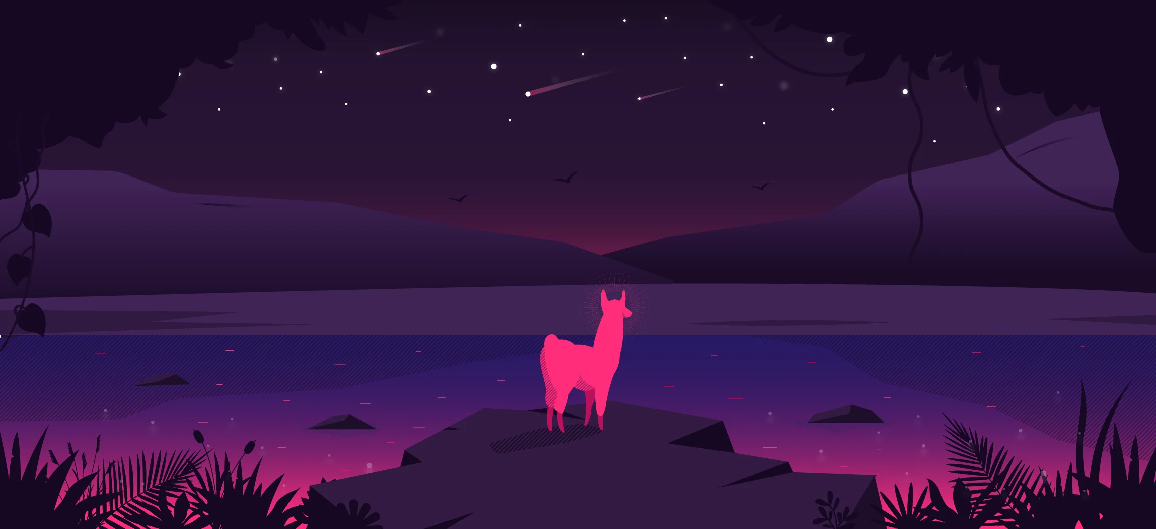 A pink llama stands on a rock by a lake under a starry night sky, framed by silhouetted forest