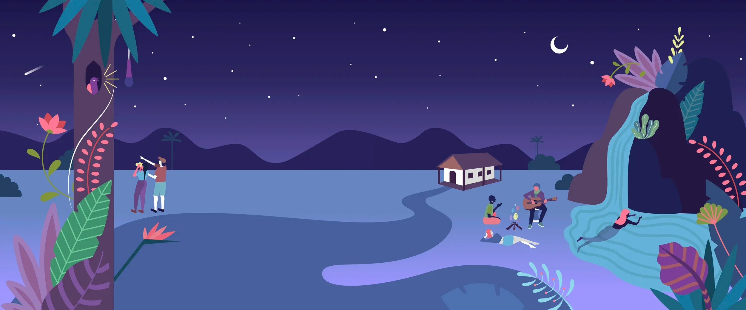 An illustrated night lake with stars, a moon, a house on a hill, and people around a campfire